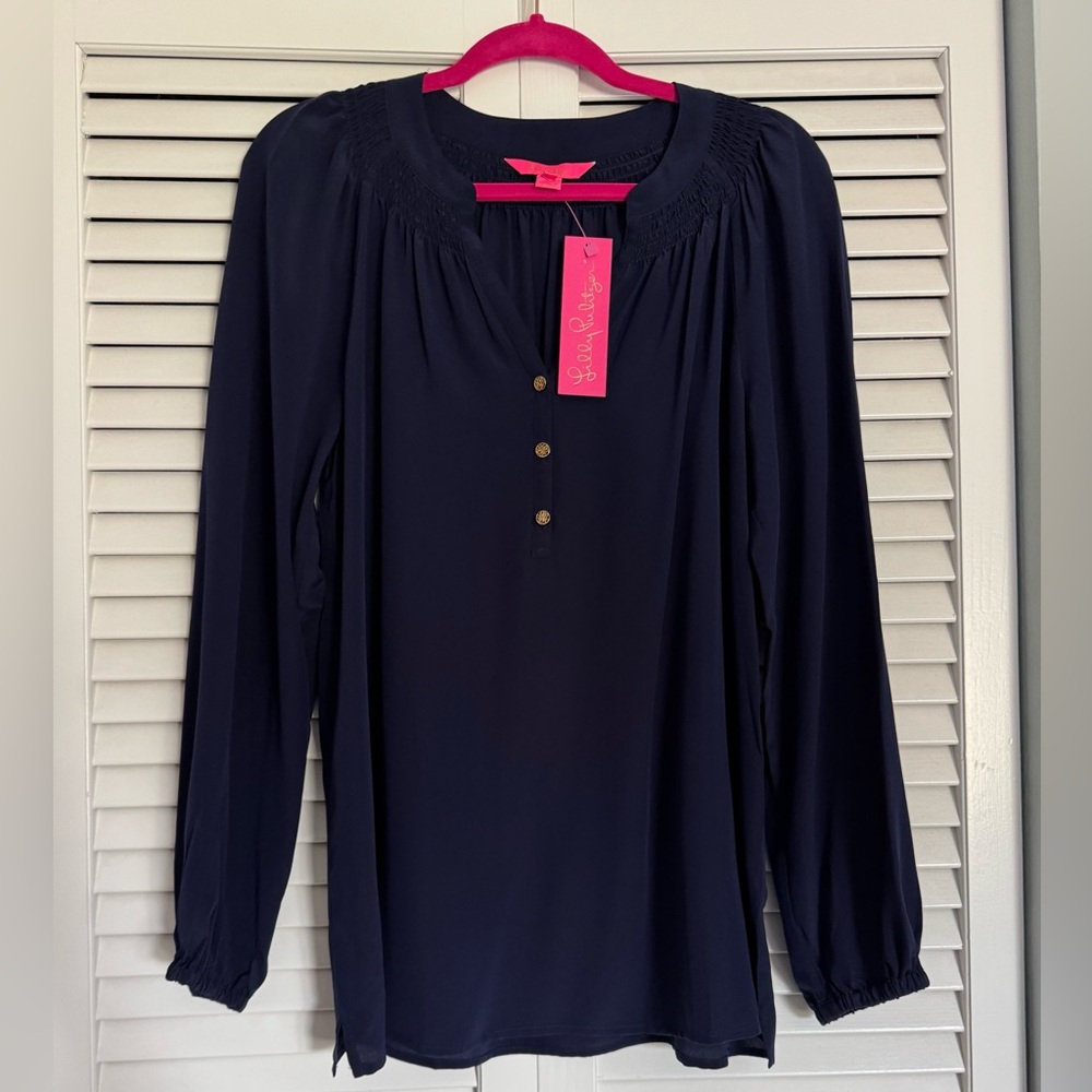 Lilly Pulitzer Silk Elsa Top in navy - size L - NWT